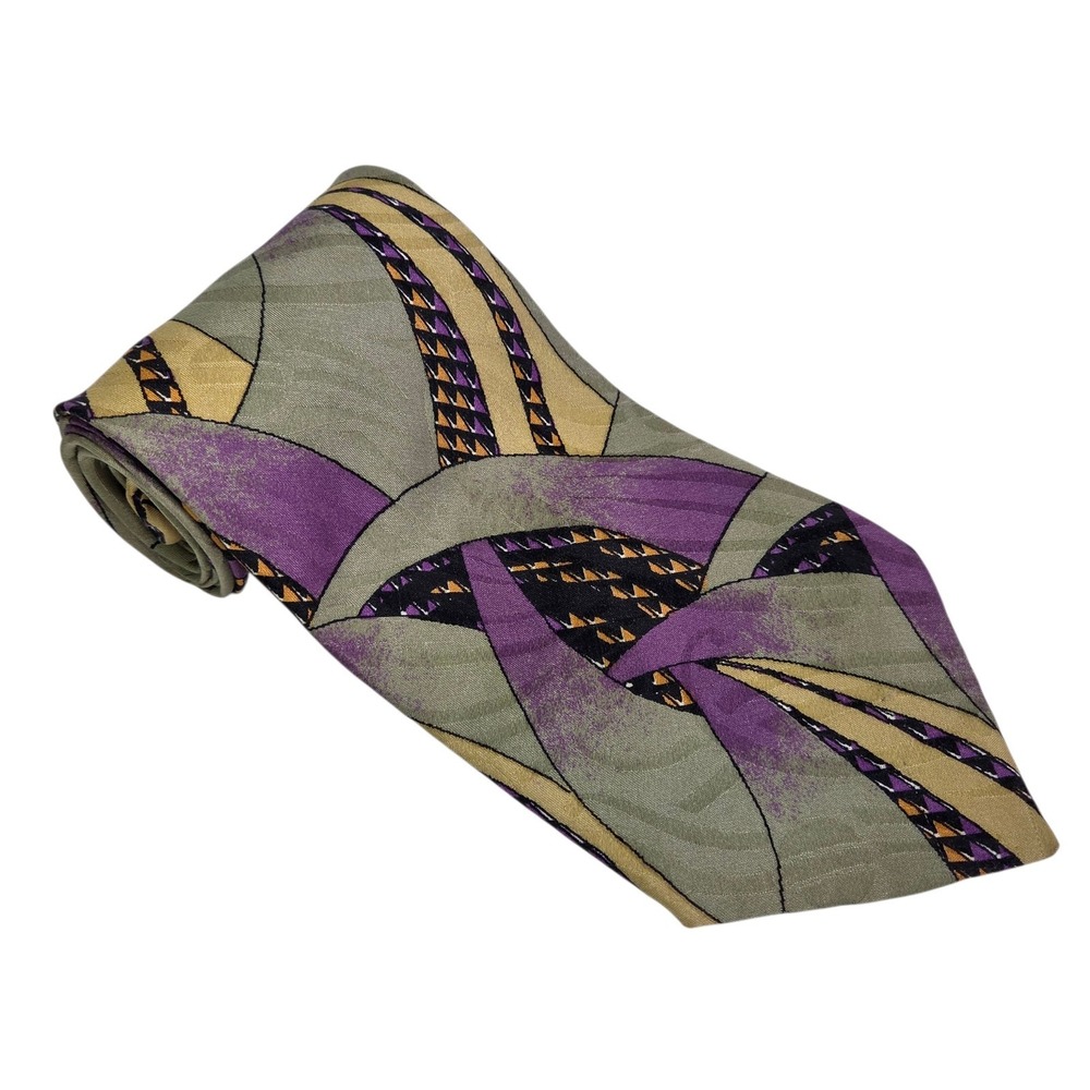 Jhane Barnes Silk Necktie Green Purple Gold Geometric Pattern Tie Business Japan